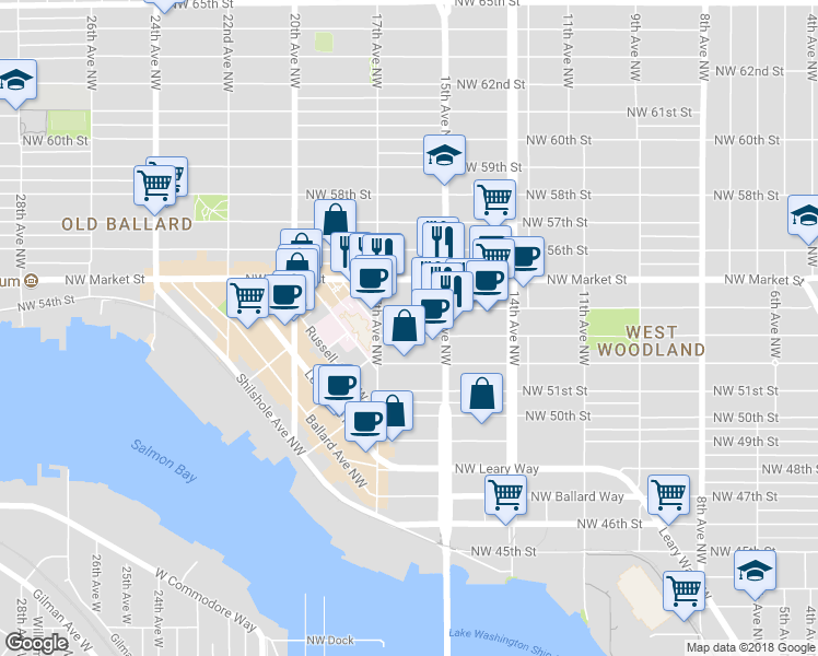 map of restaurants, bars, coffee shops, grocery stores, and more near 1530 Northwest 53rd Street in Seattle