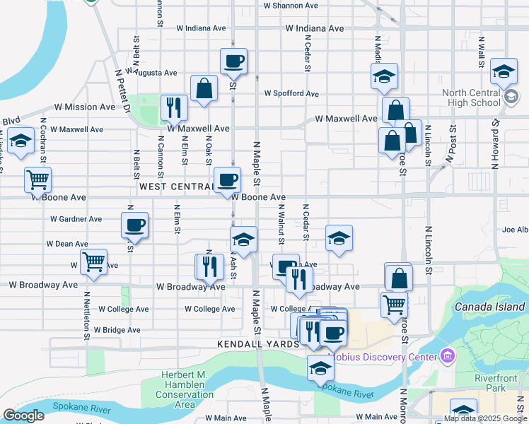 map of restaurants, bars, coffee shops, grocery stores, and more near in Spokane