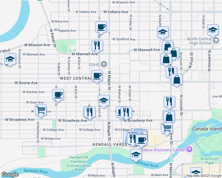map of restaurants, bars, coffee shops, grocery stores, and more near in Spokane