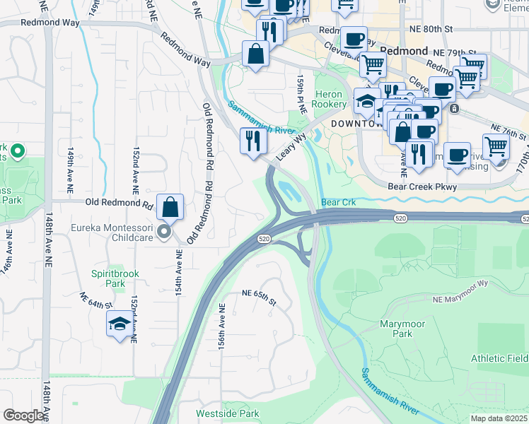 map of restaurants, bars, coffee shops, grocery stores, and more near 15721 Northeast 70th Court in Redmond