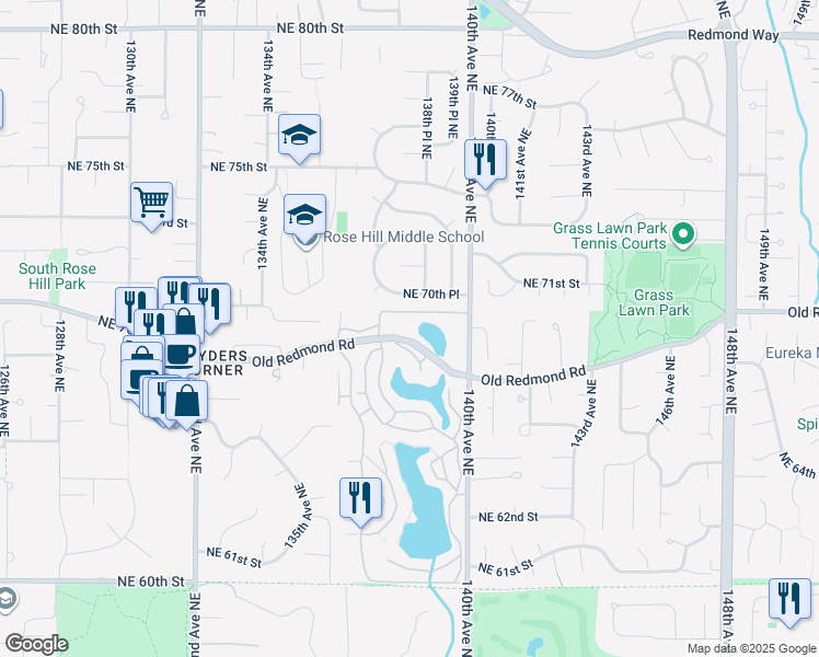 map of restaurants, bars, coffee shops, grocery stores, and more near 13801 Old Redmond Road in Redmond
