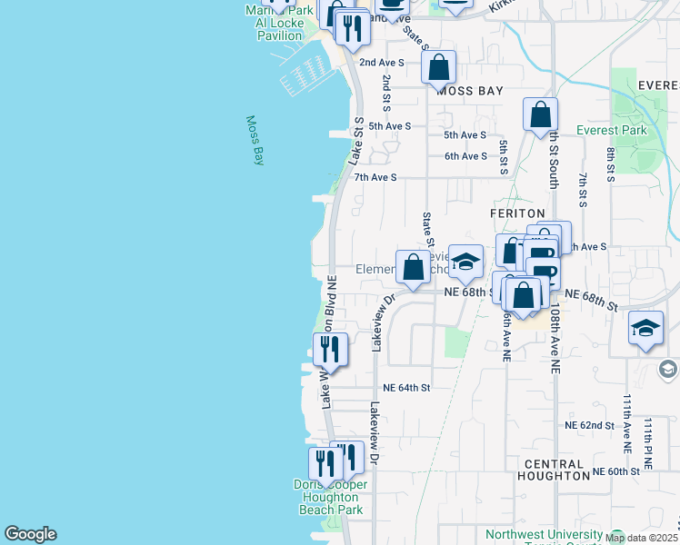 map of restaurants, bars, coffee shops, grocery stores, and more near 6700 Lake Washington Boulevard Northeast in Kirkland