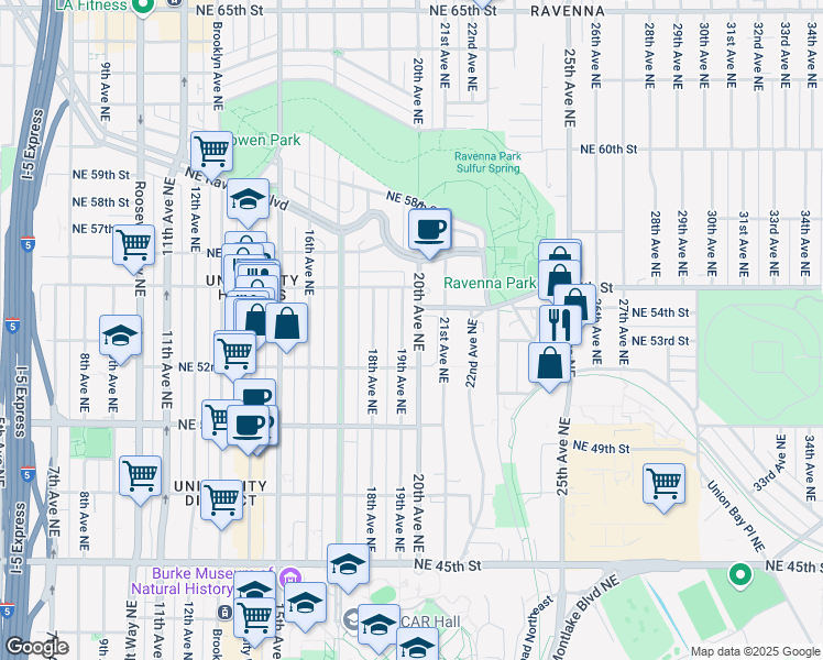 map of restaurants, bars, coffee shops, grocery stores, and more near 5220 19th Avenue Northeast in Seattle