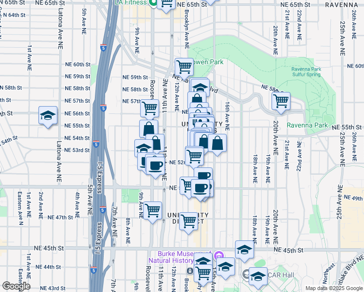 map of restaurants, bars, coffee shops, grocery stores, and more near 5219 Brooklyn Avenue Northeast in Seattle