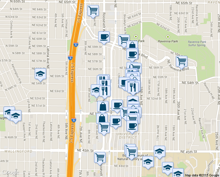 map of restaurants, bars, coffee shops, grocery stores, and more near 5214 11th Avenue Northeast in Seattle