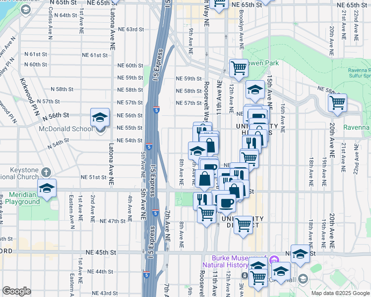 map of restaurants, bars, coffee shops, grocery stores, and more near 812 Northeast 53rd Street in Seattle