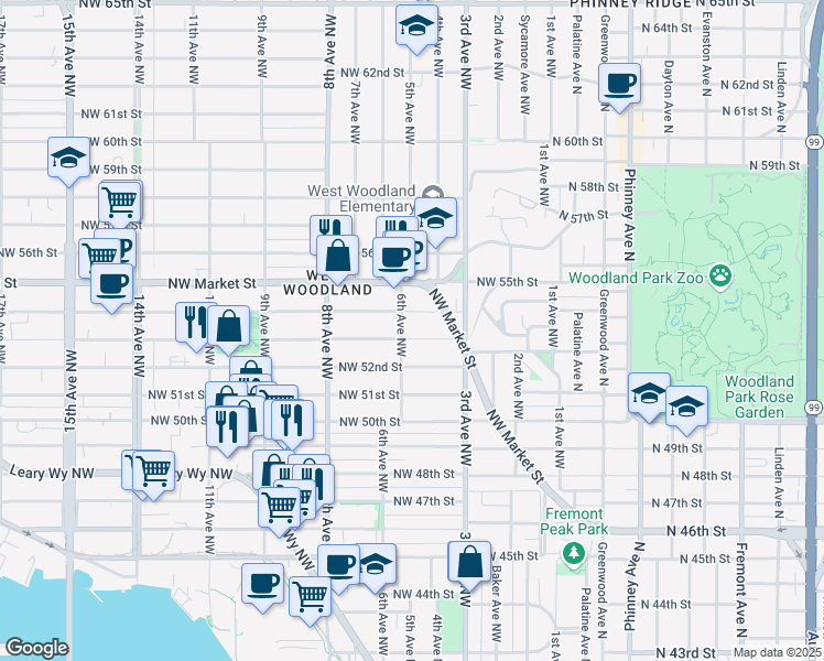 map of restaurants, bars, coffee shops, grocery stores, and more near 341 Northwest 53rd Street in Seattle