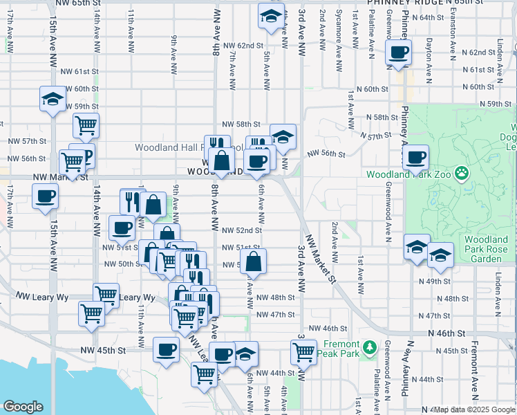 map of restaurants, bars, coffee shops, grocery stores, and more near 611 Northwest 53rd Street in Seattle