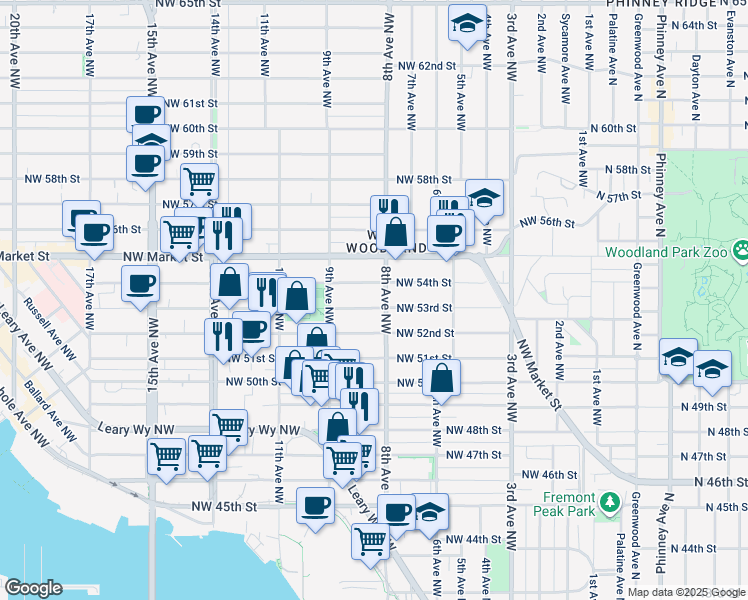 map of restaurants, bars, coffee shops, grocery stores, and more near 811 Northwest 53rd Street in Seattle