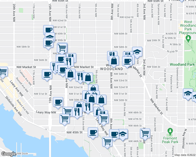 map of restaurants, bars, coffee shops, grocery stores, and more near 5216 9th Avenue Northwest in Seattle