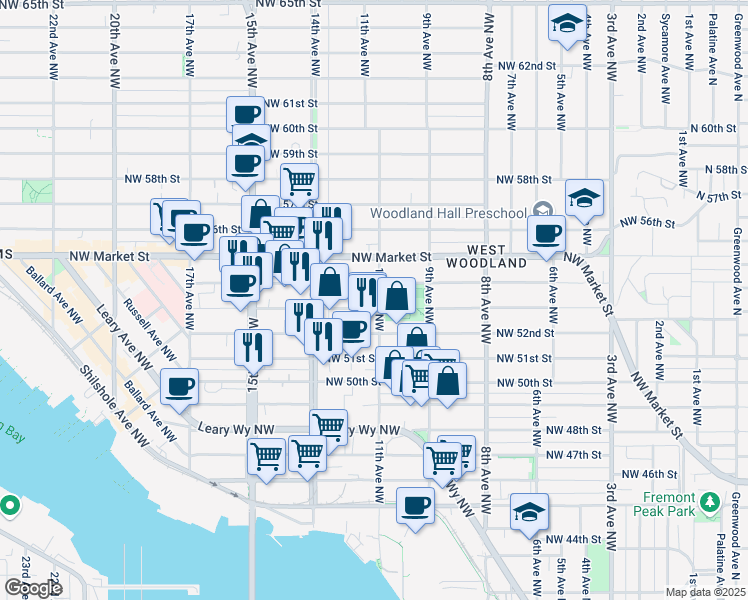 map of restaurants, bars, coffee shops, grocery stores, and more near 1117 Northwest 53rd Street in Seattle