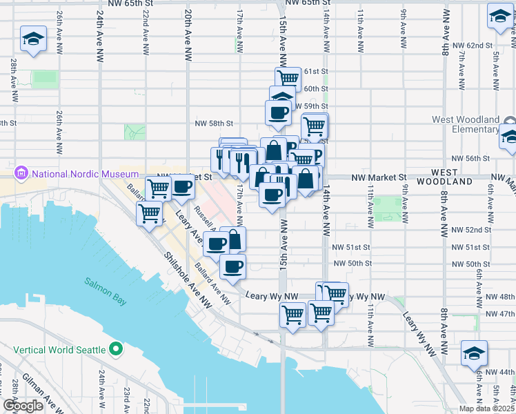 map of restaurants, bars, coffee shops, grocery stores, and more near 1525 Northwest 53rd Street in Seattle