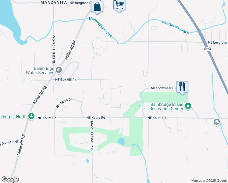map of restaurants, bars, coffee shops, grocery stores, and more near 11281 Fieldstone Lane Northeast in Bainbridge Island
