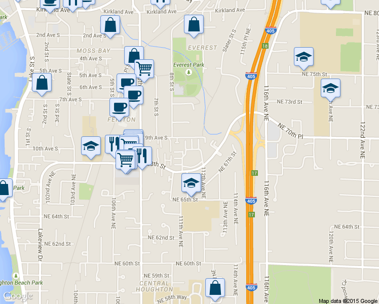 map of restaurants, bars, coffee shops, grocery stores, and more near 11006 Northeast 68th Street in Kirkland