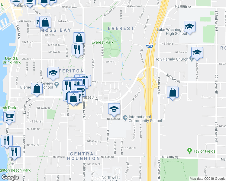 map of restaurants, bars, coffee shops, grocery stores, and more near 11008 Northeast 68th Street in Kirkland
