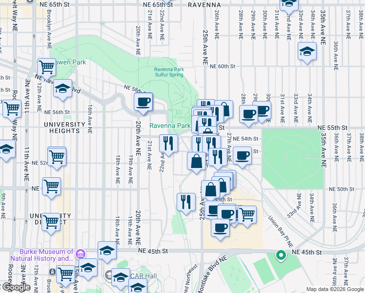 map of restaurants, bars, coffee shops, grocery stores, and more near 2269 Northeast 53rd Street in Seattle