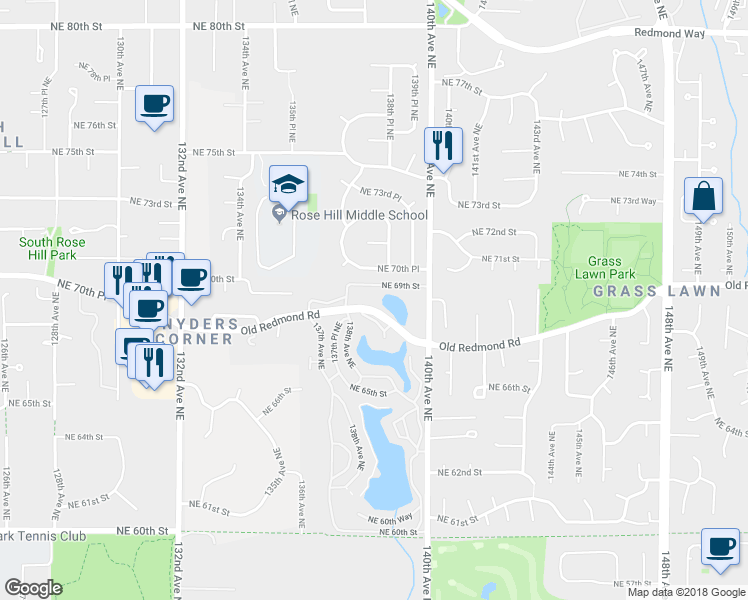 map of restaurants, bars, coffee shops, grocery stores, and more near 13893 Northeast 69th Street in Redmond