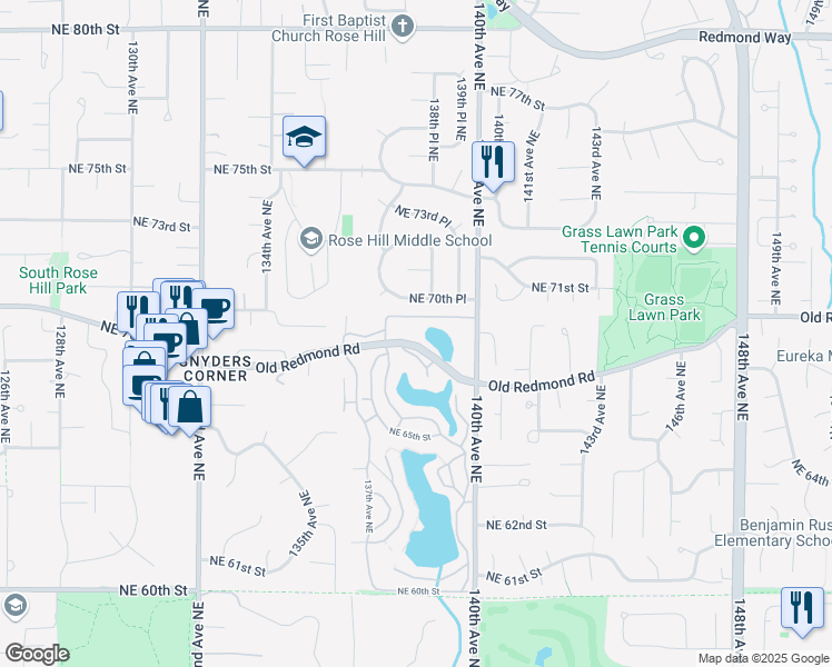 map of restaurants, bars, coffee shops, grocery stores, and more near 13801 Old Redmond Road in Redmond