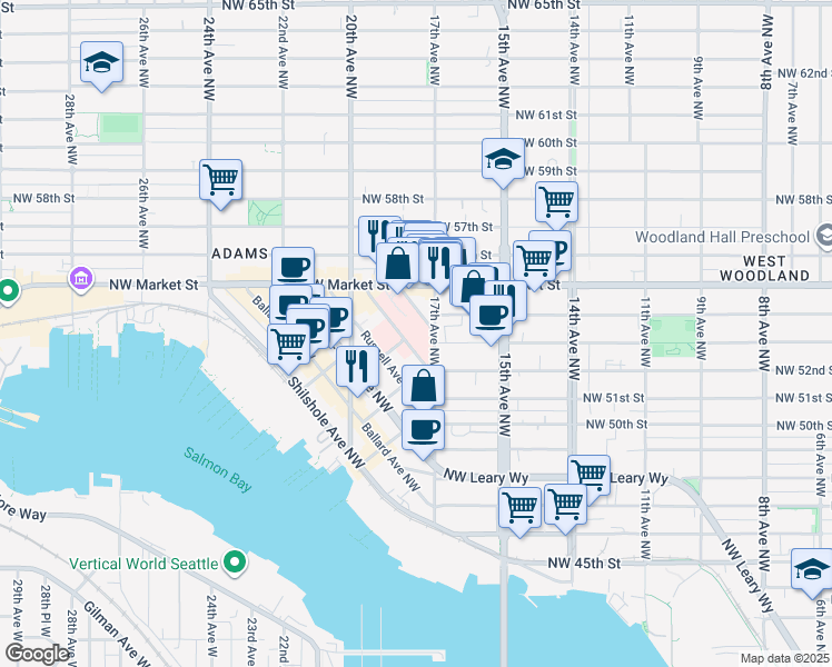 map of restaurants, bars, coffee shops, grocery stores, and more near 5300 Tallman Avenue Northwest in Seattle