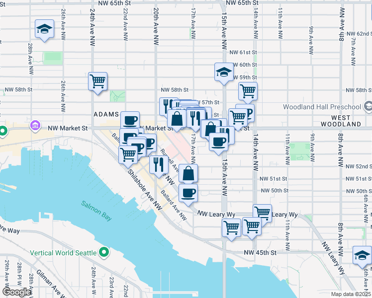 map of restaurants, bars, coffee shops, grocery stores, and more near 5300 Tallman Avenue Northwest in Seattle
