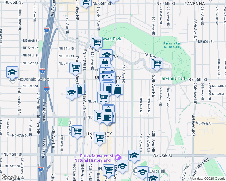 map of restaurants, bars, coffee shops, grocery stores, and more near 5233 15th Avenue Northeast in Seattle