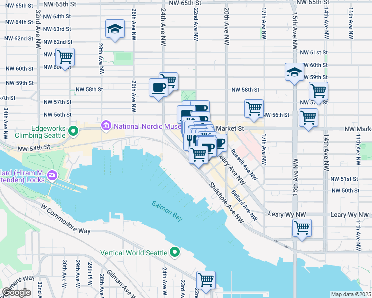 map of restaurants, bars, coffee shops, grocery stores, and more near 5309 22nd Avenue Northwest in Seattle