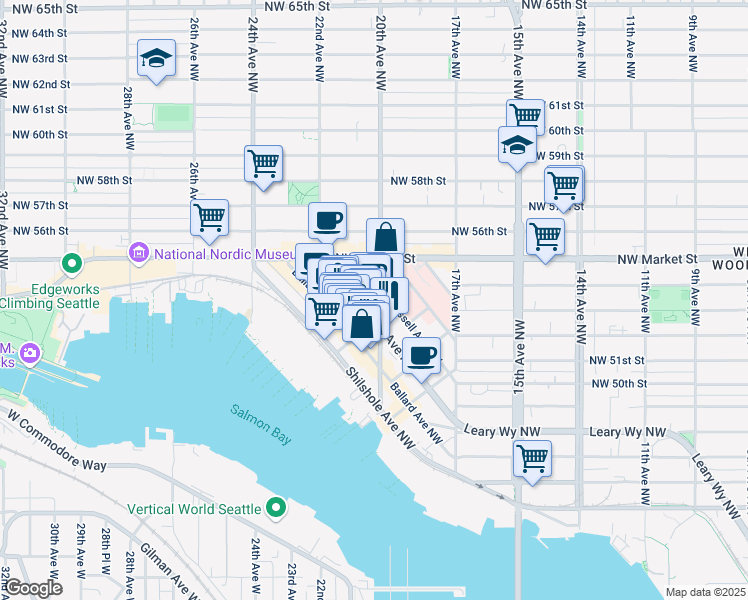 map of restaurants, bars, coffee shops, grocery stores, and more near 5208 20th Avenue Northwest in Seattle