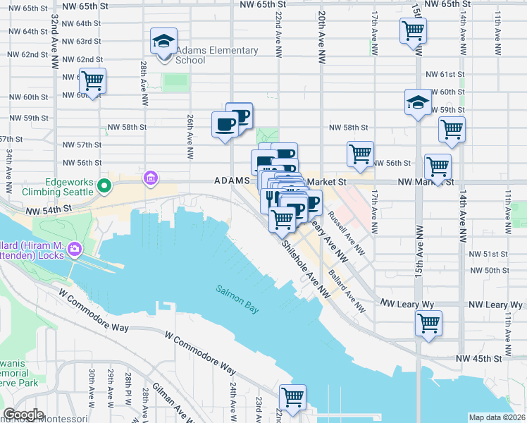 map of restaurants, bars, coffee shops, grocery stores, and more near 5422 Shilshole Avenue Northwest in Seattle