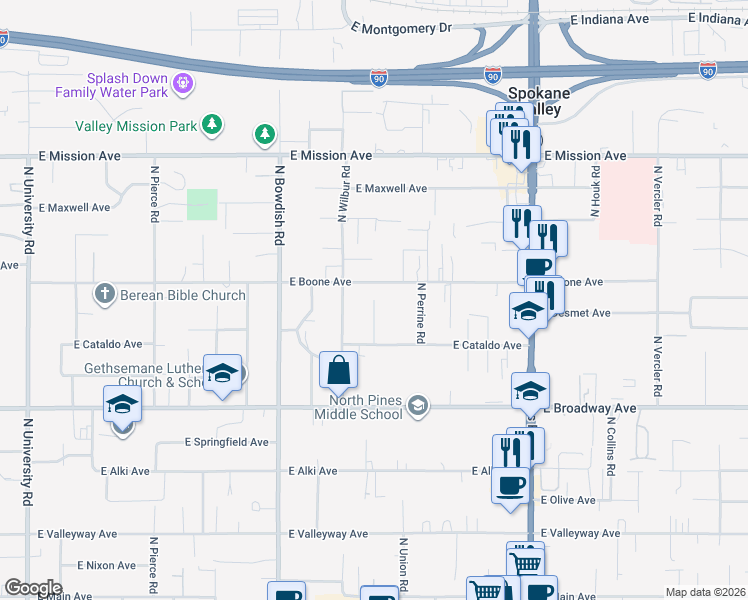 map of restaurants, bars, coffee shops, grocery stores, and more near North Fox Road in Spokane Valley