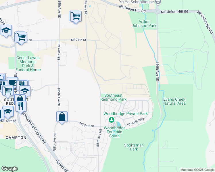 map of restaurants, bars, coffee shops, grocery stores, and more near NE 67th St in Redmond