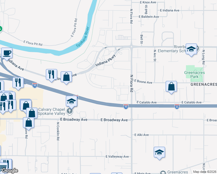map of restaurants, bars, coffee shops, grocery stores, and more near 16818 East Desmet Court in Spokane Valley