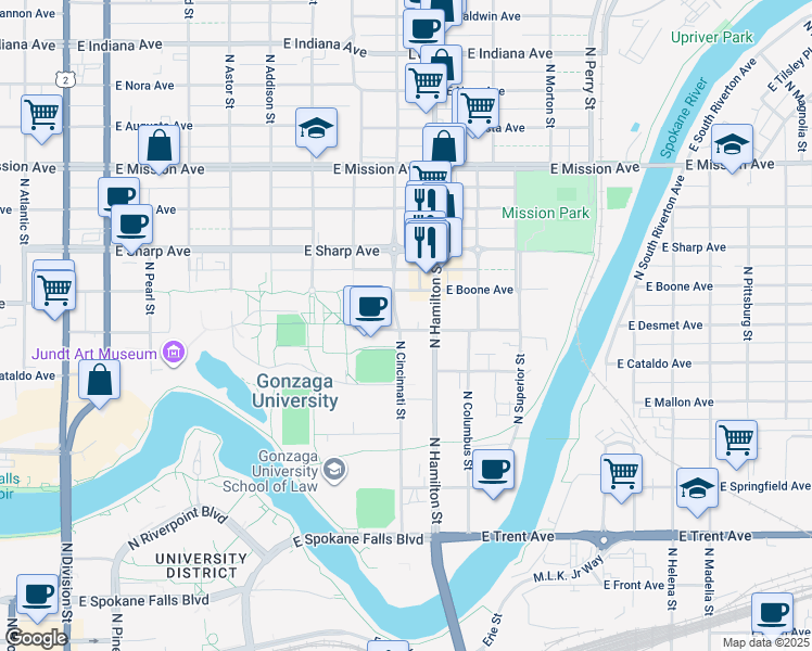 map of restaurants, bars, coffee shops, grocery stores, and more near 1000 North Cincinnati Street in Spokane