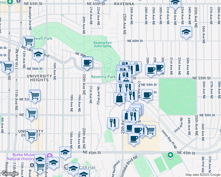 map of restaurants, bars, coffee shops, grocery stores, and more near 2269 Northeast 53rd Street in Seattle