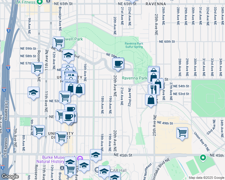 map of restaurants, bars, coffee shops, grocery stores, and more near 5220 19th Avenue Northeast in Seattle