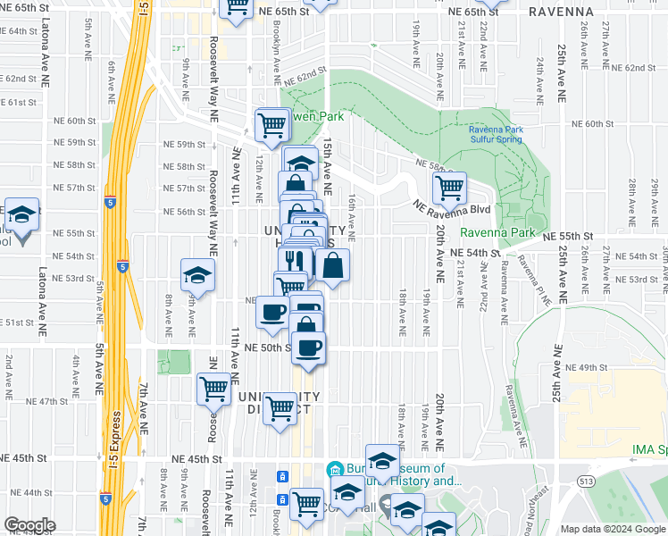 map of restaurants, bars, coffee shops, grocery stores, and more near 5218 15th Avenue Northeast in Seattle
