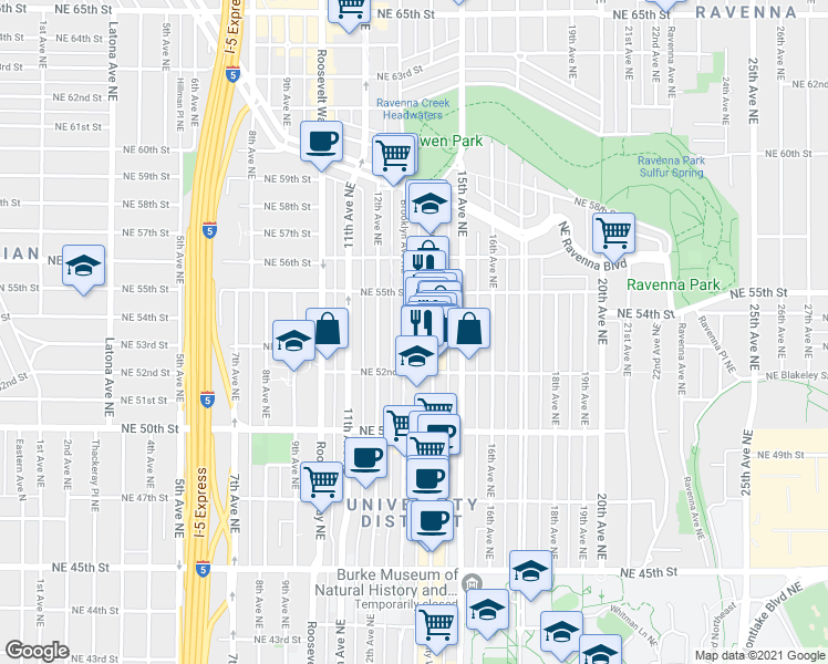 map of restaurants, bars, coffee shops, grocery stores, and more near 5219 Brooklyn Avenue Northeast in Seattle