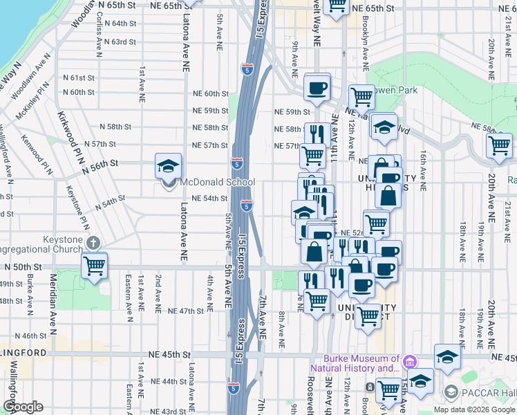 map of restaurants, bars, coffee shops, grocery stores, and more near 5072 7th Avenue Northeast in Seattle
