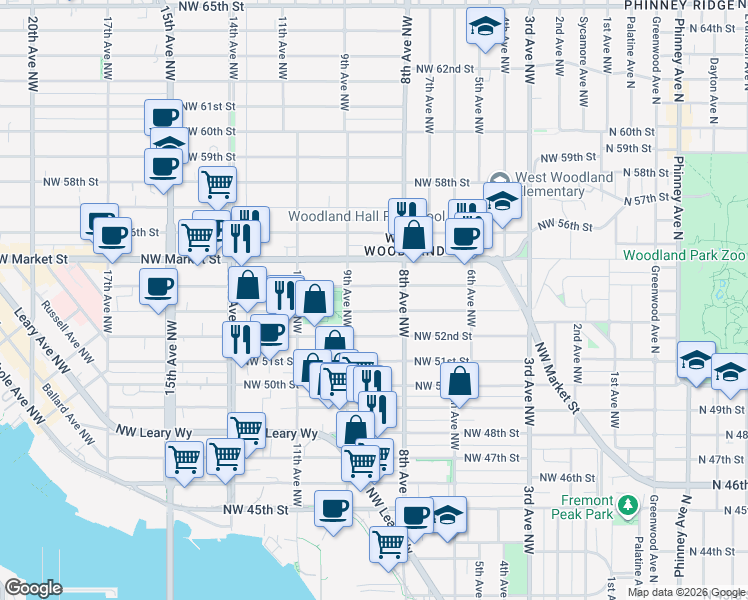 map of restaurants, bars, coffee shops, grocery stores, and more near 811 Northwest 53rd Street in Seattle