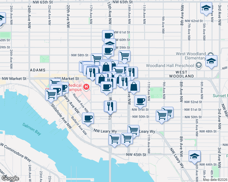 map of restaurants, bars, coffee shops, grocery stores, and more near 5220 15th Avenue Northwest in Seattle