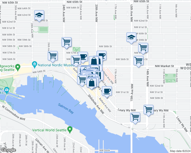 map of restaurants, bars, coffee shops, grocery stores, and more near 5208 20th Avenue Northwest in Seattle