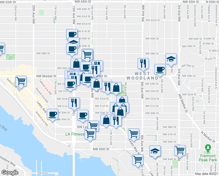 map of restaurants, bars, coffee shops, grocery stores, and more near 5309 11th Avenue Northwest in Seattle