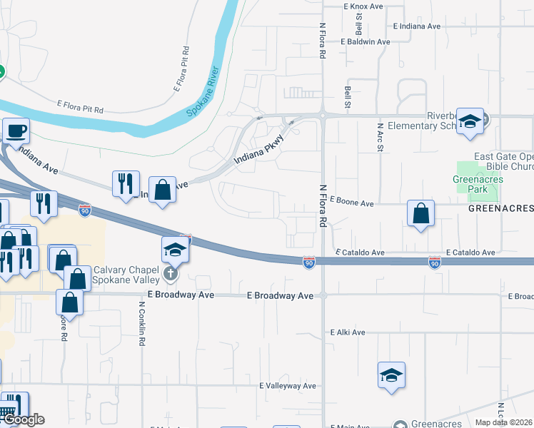 map of restaurants, bars, coffee shops, grocery stores, and more near 16818 East Desmet Court in Spokane Valley