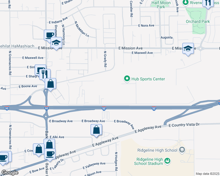map of restaurants, bars, coffee shops, grocery stores, and more near 19307 East Cataldo Avenue in Spokane Valley