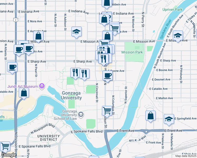 map of restaurants, bars, coffee shops, grocery stores, and more near 502 East Boone Avenue in Spokane