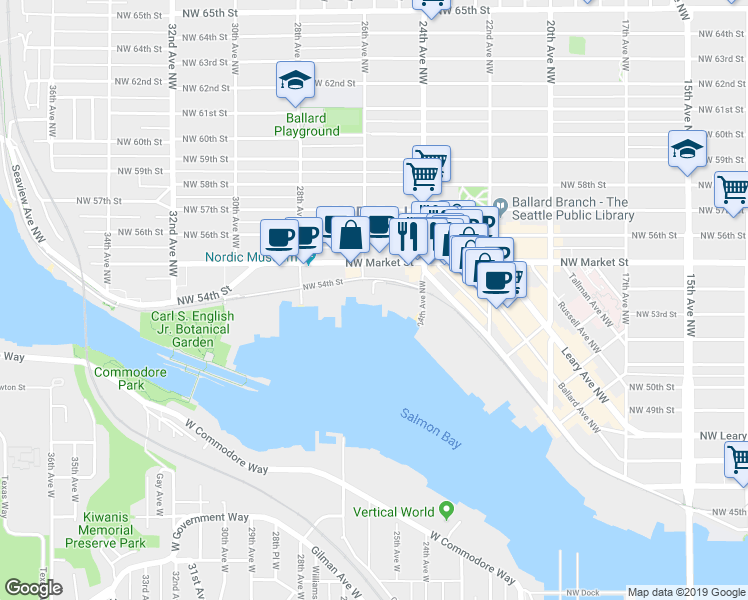 map of restaurants, bars, coffee shops, grocery stores, and more near 5300 26th Ave NW in Seattle