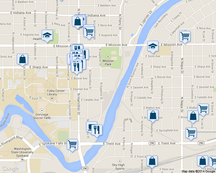 map of restaurants, bars, coffee shops, grocery stores, and more near Centennial Trail in Spokane