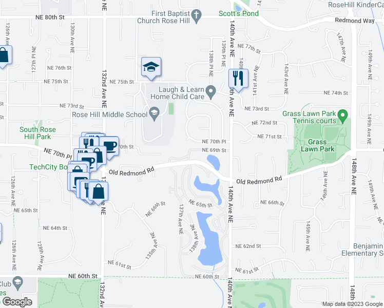 map of restaurants, bars, coffee shops, grocery stores, and more near 13680 Northeast 69th Street in Redmond
