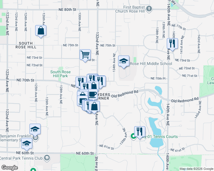 map of restaurants, bars, coffee shops, grocery stores, and more near 13207 Northeast 69th Way in Redmond