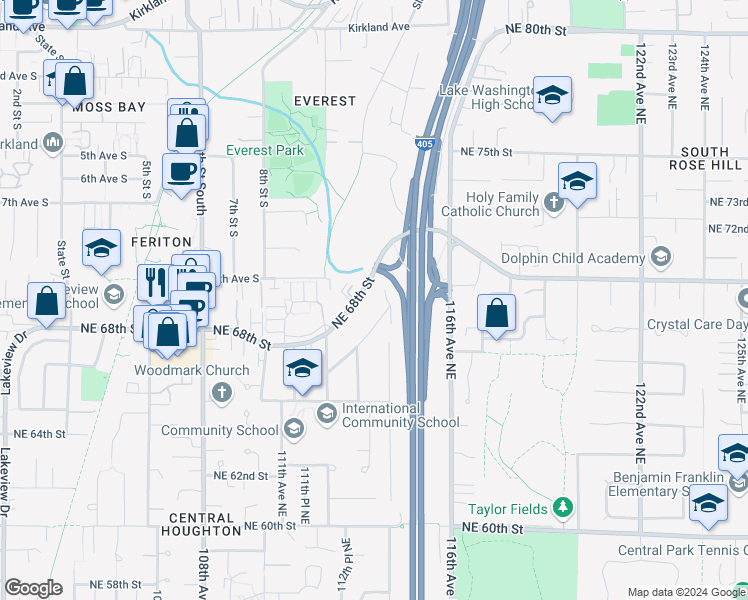 map of restaurants, bars, coffee shops, grocery stores, and more near 11329 Northeast 67th Street in Kirkland