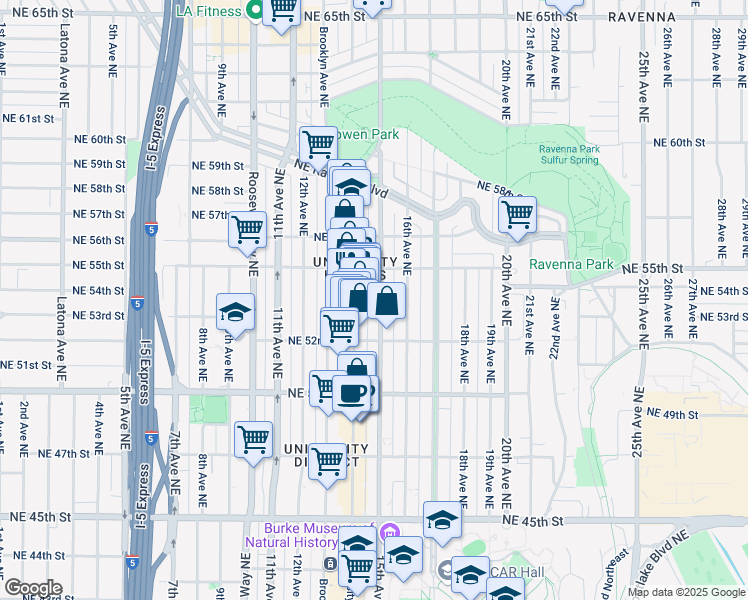 map of restaurants, bars, coffee shops, grocery stores, and more near 5218 15th Avenue Northeast in Seattle